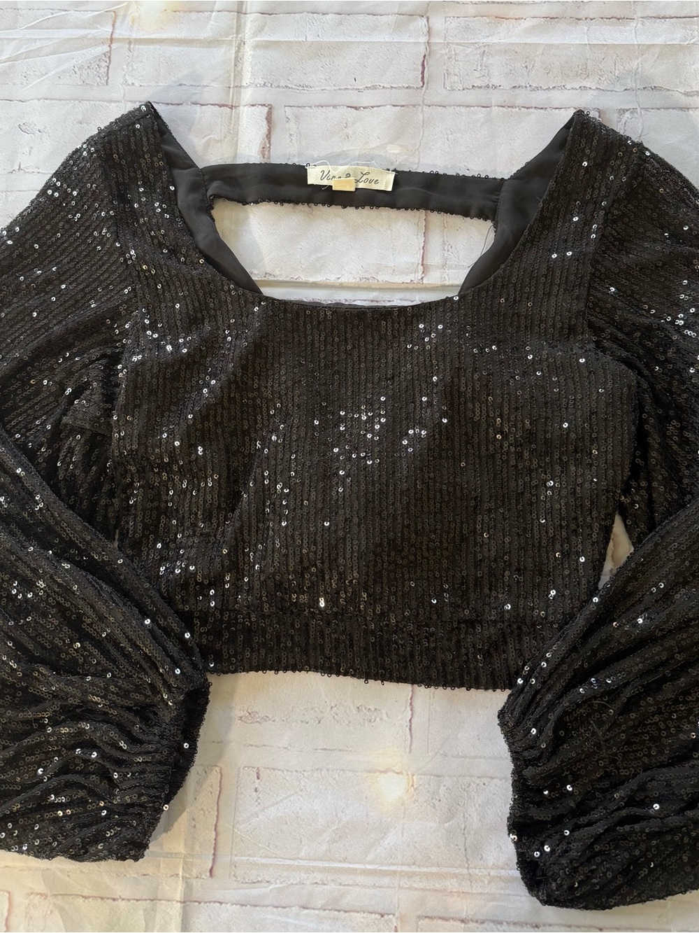 Vine & Love Black Sequin Square-Neck Crop Top
